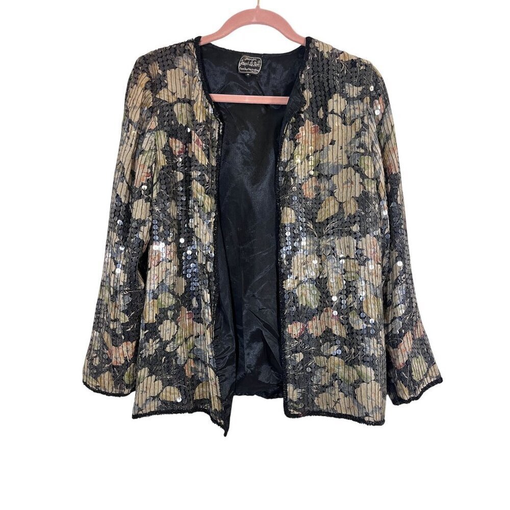 Joseph Le Bon Jacket M Black Floral Sequin Vintage Beaded Mature Glam Shiny 70s